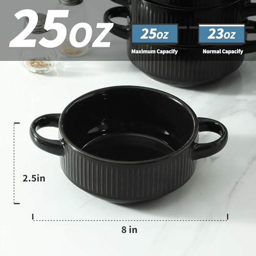 Soup Bowls with Handles, 23 oz French Onion Soup Crocks, Stackable Soup Bowl Oven Safe for Chili, Beef Stew, Embossment Ceramic Bowl Set - 5.4 Inch, Set of 4,Black - color: Black