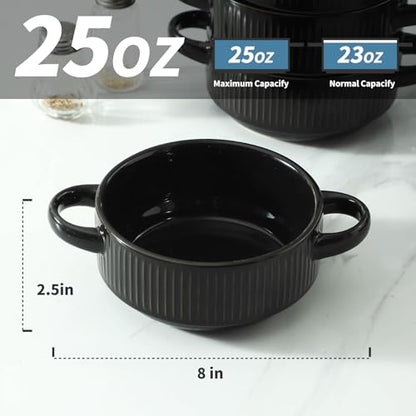 Soup Bowls with Handles, 23 oz French Onion Soup Crocks, Stackable Soup Bowl Oven Safe for Chili, Beef Stew, Embossment Ceramic Bowl Set - 5.4 Inch, Set of 4,Black - color: Black