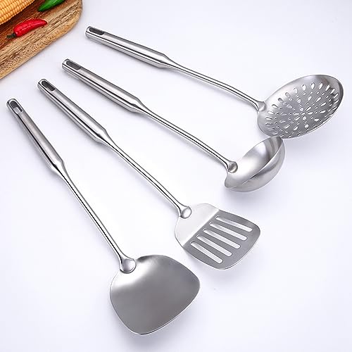 Cooking Utensils Set Stainless Steel Kitchen Metal Serving Utensils Set of 6 Pcs-Wok Spatula Ladle Set, Slotted Skimmer, Pasta Server, Serving Spoon, Slotted Spatula Tunner,Dishwasher Safe - size: 6 Piece utensils(ladle spoon and spatula set)