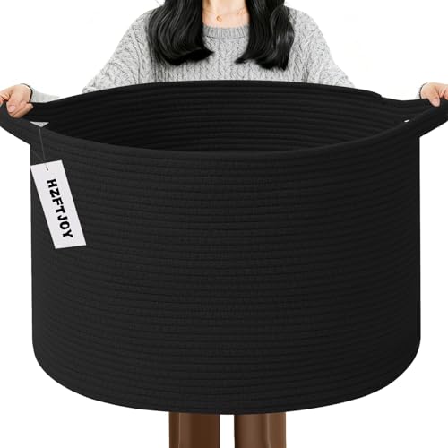 115L Extra Large Blanket Basket,Woven Rope Laundry Basket-Black | Collapsible, reinforced handles, nursery storage bin organizes clothes, toys and pillows for living room, bedroom bathroom - color: Black, size: 23.6"L x 23.6"W x 15.7"H(115L)
