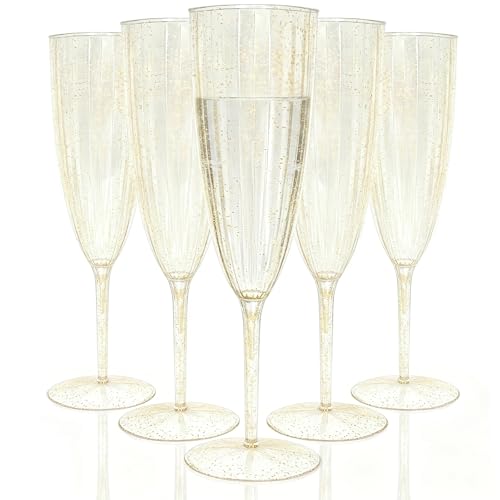 36 PCS Gold Glitter Plastic Champagne Flutes, 6 oz Disposable Wine Glasses, Reusable Cocktail Cups Party Supplies for Party Wedding Toasting Birthday Bridal Shower - color: Gold Glitter