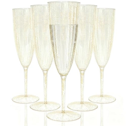 36 PCS Gold Glitter Plastic Champagne Flutes, 6 oz Disposable Wine Glasses, Reusable Cocktail Cups Party Supplies for Party Wedding Toasting Birthday Bridal Shower - color: Gold Glitter