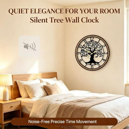 Large Wall Clock for Living Room Decor 22 Inch Tree of Life Metal Wall Art, Non-Ticking Battery Operated Metal Black with Solid Wood Frame for Office/Bedroom/Kitchen/Dining Room Decoration - size: B 22 Inch