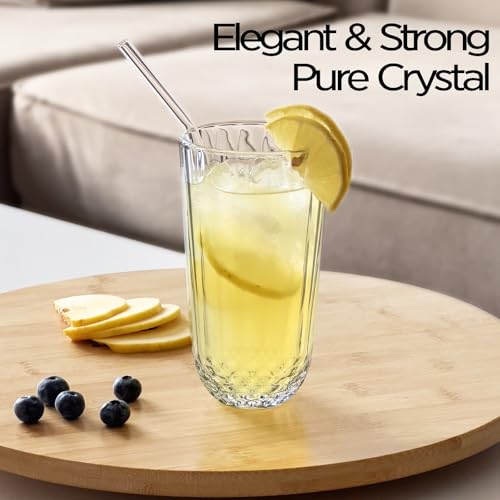 Highball Drinking Glasses Set of 6, 12 oz Crystal-Cut Water Glasses, Tall Clear Tumblers for Cocktails, Mixed Drinks – Elegant Durable Glassware, Dishwasher-Safe Premium Drink Cups for Home&Kitchen