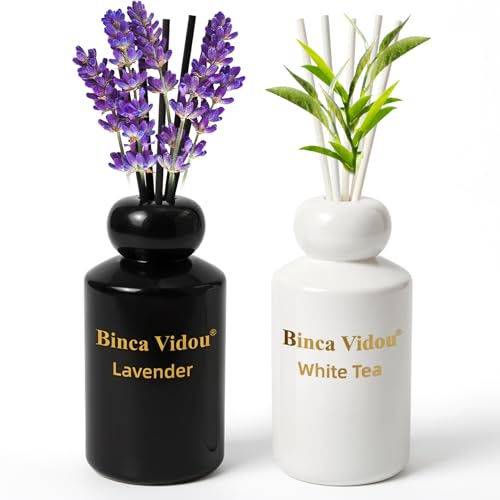 Reed Diffuser Set, Binca Vidou Lavender & White Tea Natural Scent Oil Diffusers with Sticks for Home Office Bathroom Aromatherapy Decor Black&White Series 3.38oz x 2