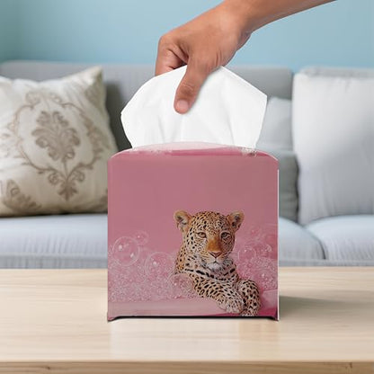 Cute Leopard Pink Bubble Bath PU Leather Tissue Box Cover 5.2 Inch | Pink leopard bubble bath design; 5.2 in PU leather tissue cover for bathroom, bedroom, vanity, office. - color: Pink Leopard