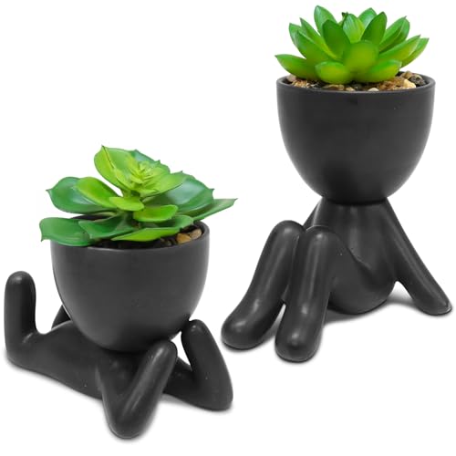 Zerzsy 2PCS Cute Artificial Succulent Plants with Black Human Shaped Pots, Fake Succulents Desk Decor Plant, Mini Potted Planter for Office Decor Desktop Bathroom Decor - color: Black-b