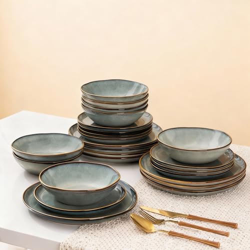 AmorArc Ceramic Dinnerware Sets for 6, 18Pcs Plates and Bowls Sets Dishes | Stoneware Handmade Reactive Glaze Dinner Set, Highly Scratch Resistant | Dishwasher & Microwave Safe Dishware - color: Ocean, size: Service for 6(18Pcs)