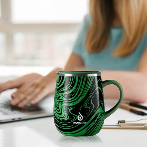Ideus 16 oz Insulated Coffee Mug with Handle and Lid, Double Wall Stainless Steel Vacuum Thermal Coffee Mug, Travel Coffee Cup Thermal Cup for Home and Office (Green Zebra, FUJI DAWN) - color: Green Zebra