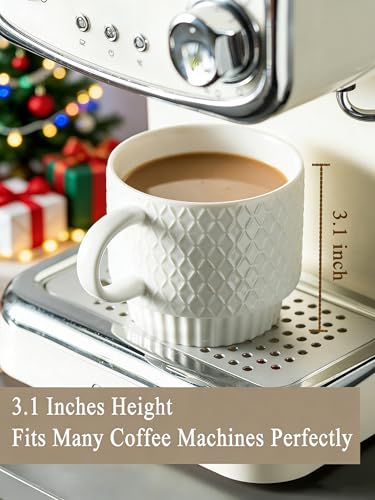 Gomakren Stackable 13oz Coffee Mugs Set of 4 with Stand & Spoons, White | Large Capacity for Cappuccino Coffee Milk Tea Drinks | Embossed Stoneware Mugs, Black Metal Rack, Microwave/Dishwasher Safe - color: White