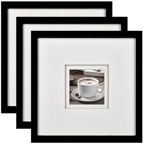 Yaetm 12x12 Square Picture Frame Matted to 5x5, Double Floating Ivory Mat, Black Photo Frame with Polished Tempered Glass for Wall Gallery, Home and Office, Wall Mounting, 3 Pack, Black
