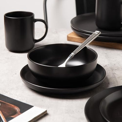 12-Piece Stoneware Dinnerware Set with Mugs | Microwave and Dishwasher Friendly | Stackable Matte Glaze Plates & Bowls | Service for 3 (Black for 3) - color: Black for 3