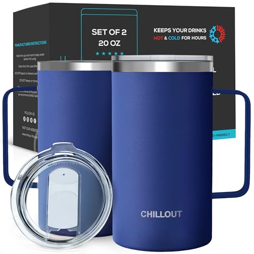 CHILLOUT LIFE Stainless Steel Vacuum Insulated Coffee Mug 20 oz (Set of 2) with Handle and Lid, Large Thermal Camping Coffee Mugs with Sliding Lid for Men & Women, Keeps Your Beverages Hot & Cold - color: Navy Blue, size: 20 Ounces - 2 Pack