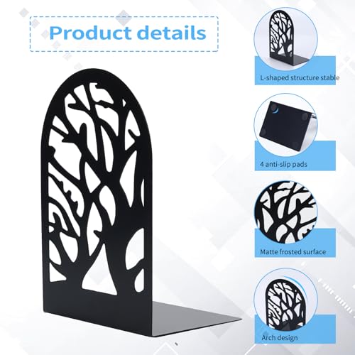 Tree Bookends 10 Pack Black Metal Heavy Duty Book Supports for Shelves | Black Metal, Tree Silhouette Design, 5 Pairs, Sturdy Book Supports, for Home Office School and Library Shelves