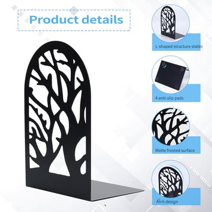 Tree Bookends 10 Pack Black Metal Heavy Duty Book Supports for Shelves | Black Metal, Tree Silhouette Design, 5 Pairs, Sturdy Book Supports, for Home Office School and Library Shelves