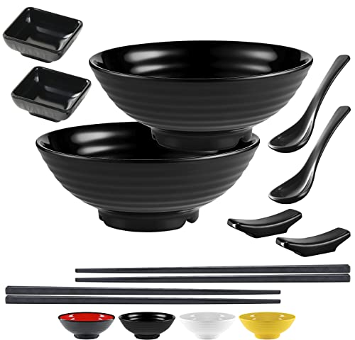 Unbreakable Ramen Bowl Set with Chopsticks and Spoon: 2 large Japanese Style Melamine Ramen Bowls, Dipping Bowls and Chopstick Stands for Asian Pho Soup Thai Miso Udon Wonton (2 Bowl Set, Black) - color: Black, size: 2 Bowl Set