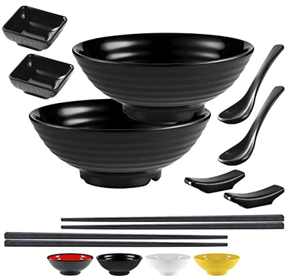 Unbreakable Ramen Bowl Set with Chopsticks and Spoon: 2 large Japanese Style Melamine Ramen Bowls, Dipping Bowls and Chopstick Stands for Asian Pho Soup Thai Miso Udon Wonton (2 Bowl Set, Black) - color: Black, size: 2 Bowl Set