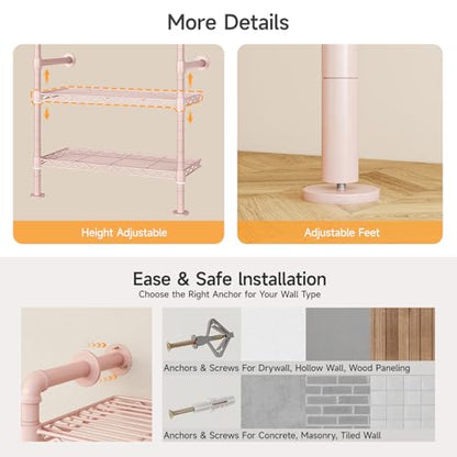 L2 Wall Mounted Closet System, Industrial Pipe Clothing Rack, Pink | Metal Clothes Rack with 2 Telescopic Rods & 6 Shelves, Heavy Duty Closet Organizers for Wardrobe, Reach-in & Walk-in Closets - color: Pink
