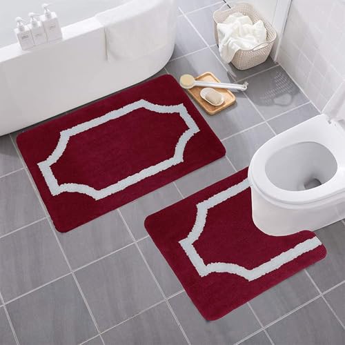 Yafa Home Fashion 2 Piece Modern Design Microfiber Soft Bathroom Rug Set, Non-Slip PVC Backing - color: Regal Frame Burgundy, size: 2 Piece: 20" X 20" + 20" X 32" (Rectangular)