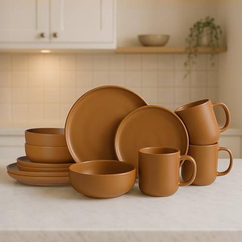 12-Piece Stoneware Dinnerware Set with Mugs | Microwave and Dishwasher Friendly | Stackable Matte Glaze Plates & Bowls | Service for 3 (Orange for 3) - color: Orange for 3