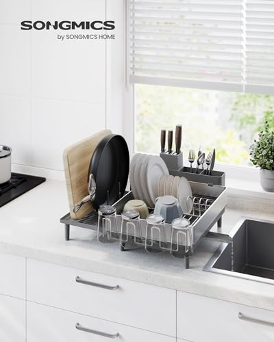SONGMICS Large Dish Drying Rack, Expandable Dish Dryer for Kitchen Counter, Stainless Steel Dish Rack with Rotatable Spout, Utensil, Cup, Glass, Cutting Board, Pan Holders, Silver and Gray UKCS037G01 - color: Silver + Gray, size: 19.9"D x 19.1"W x 8.9"H