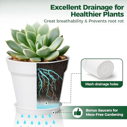 T4U Small Plant Pots 4 Inch 18 Pack, Plastic Flower Pots with Saucer White | Nursery containers for succulents cactus herbs, Desk windowsill shelf, Violet african violet, Compact lightweight - color: White, size: 4 In