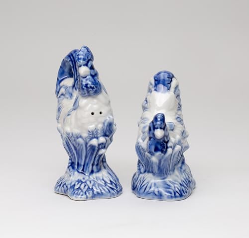 Fine Ceramic Dutch Blue Rooster Salt & Pepper Shakers Set, 4-3/8" H