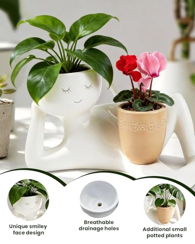 Funny Planters Pots Head Funny Cute Succulent Plant Pots Face Head Planter Unique Bathroom Planters Lazy Guy Little Character Flowerpot - Small Ceramic Pots for Indoor Plants with Drainage