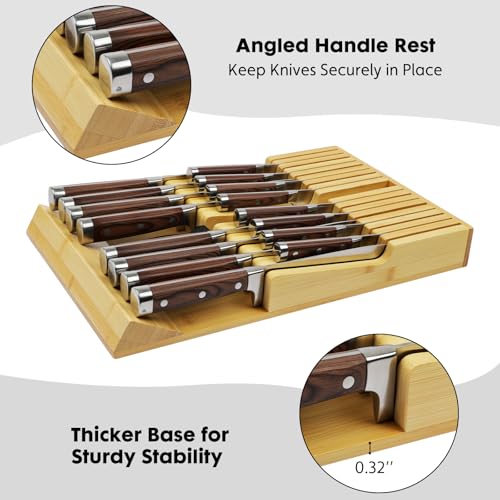 Bamboo Kitchen Drawer Knife Holder, In-drawer Knife Block, Knife Drawer Organizer fit for 16 knives and 1 steel sharpening | Compact design,17 Slots, Thicker Base Board, Large Drawer Knife Storage For Steak, Paring, Bread Knives, Sharpening Steel - size: