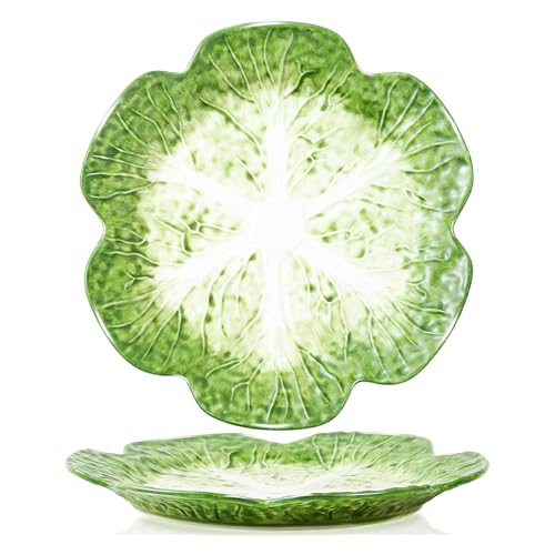 1 Pcs Green Ceramic Salad Plate, 10.5 Inch Porcelain Decorative Plates for Kitchen, Round cabbage dishware for Dessert, Decorative, Dinner, Pancakes, Steak, Cabbage Plate Microwave & Dishwasher Safe - color: Green, size: 10.5 inch * 1 pcs