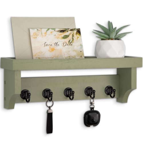 Key and Mail Holder Wall Mount, Key Holder with Shelf and Mail Organizer Wall Mount. Mail Holder with 5 Hooks for Coat, Dog Leash, Home Decor Rack, Entry Way Organizer - color: Sage Green