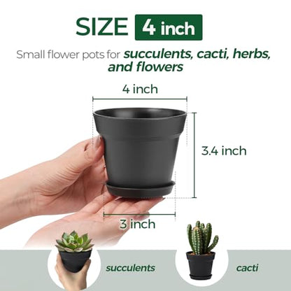 T4U Small Plant Pots 4 Inch 18 Pack, Plastic Flower Pots with Saucer Black | Nursery containers for succulents cactus herbs, Desk windowsill shelf, Violet african violet, Compact lightweight - color: Black, size: 4 In