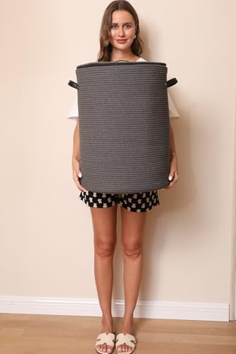 16"x20" Extra Large Cotton Rope Basket with Zipper Lid, Woven Laundry Hamper and Blanket Storage Basket, Round Clothes Bin for Living Room Bedroom, Dark Grey - color: All Dark Grey