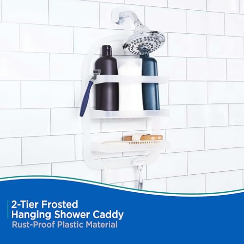 Kenney KN614000 Over the Shower Head 20" L x 10" W x 5" D Rust-Proof Plastic Small 2-Shelf Hanging Caddy with Suction Cups and Razor Holders for Bathroom Shower, Frosted