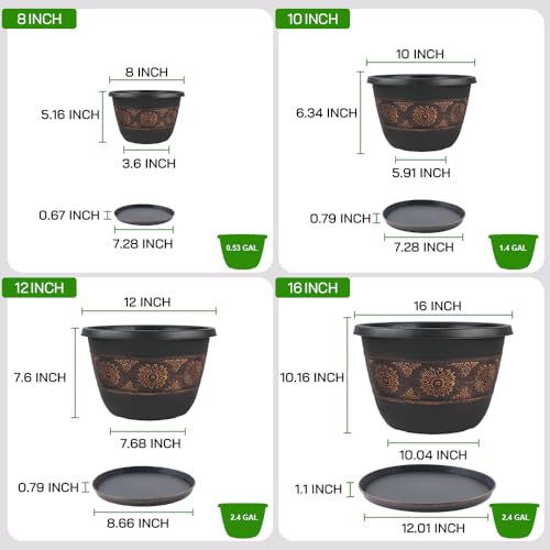 8 Inch Retro Plant Pots 6 Pack with Drainage and Saucers Copper | Copper retro PP pots with drainage holes and saucers for herbs succulents starter plants shelves and windowsills - color: Copper, size: 8 Inches-6 packs