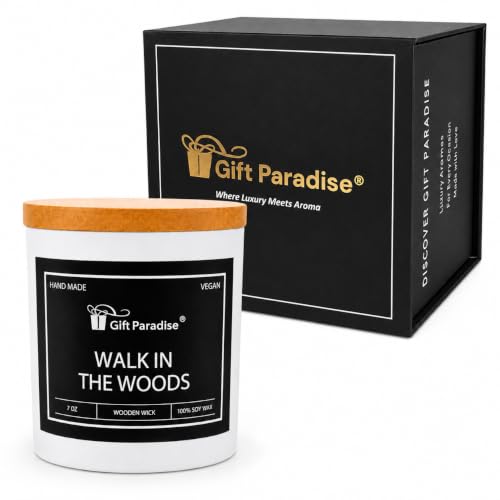 Gift Paradise® Walk in the Woods Soy Candle, 7 oz, Magnetic Gift Box | 7 oz soy candle with a wooden wick, bamboo lid and crisp eucalyptus, pine, smoky wood and tonka bean fragrance