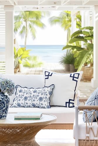 Hofdeco Premium Coastal Patio Indoor Outdoor Throw Pillow Cover Only, 20"x20" Water Repellent for Backyard, Couch, Navy Blue Embroidered Frame Greek Key - color: Navy Blue Frame Greek Key 20"x20"