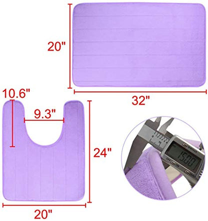 Memory Foam Bathroom Rugs 2 Piece Bath Mat Set Soft Non-Slip and Absorbent Microfiber Bath Rug and U-Shaped Toilet Mat 32"x20"+24"x 20", Purple