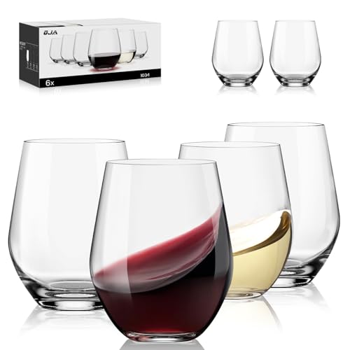 OJA Wine Glasses Set, Crystal Stemless Red Wine Glass, Set of 6, 15 oz | No Stem, Clear, Sturdy Drinking Glass for White Wine, Daily Use, Birthday, Wedding, Home Party, Anniversary, Shower Gift - style: Set of 6-15 oz