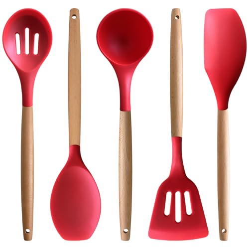 Silicone Cooking Utensils Set 5Pcs Non-Stick Silicone Kitchen Utensils for Cooking, Heat Resistant Kitchen Gadgets Spatula Spoon Turner Set with Wooden Handles for Non-Stick Cookware BPA Free - color: Red, size: Standard 5-Piece Set