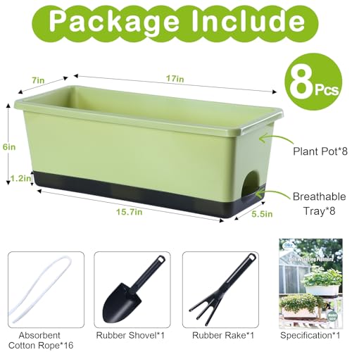 Window Box Planter 8 Pcs, 17 Inches Rectangle Flower Pots with Drainage Holes & Trays, Vegetable Planters for Windowsill Patio Garden Balcony Home Indoor Outdoor (Light Green, 16 * 7 * 6 inch) - color: Light Green