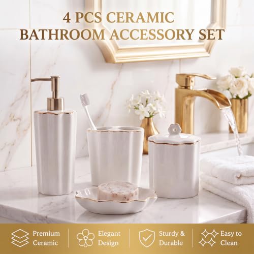 Zhehao Scalloped Bathroom Ceramic Accessories Set 4 Pcs Bathroom Accessory Sets with Toothbrush Holder Soap Dispenser Soap Dish Cotton Swab Jar Bathrooms Countertop Organizer(Gold) - color: Gold