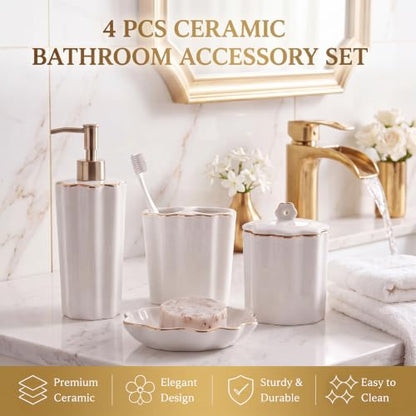 Zhehao Scalloped Bathroom Ceramic Accessories Set 4 Pcs Bathroom Accessory Sets with Toothbrush Holder Soap Dispenser Soap Dish Cotton Swab Jar Bathrooms Countertop Organizer(Gold) - color: Gold