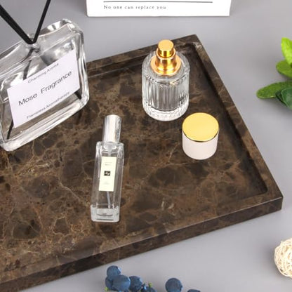 Marble Bathroom Vanity Tray, Dark Brown, 12" x 8" x 0.8" | Home Kitchen Bathroom Tray, Natural Stone Decorative Countertop Trays, Soap Dispenser Perfume Key Trinket Ring Tray - color: Dark Brown