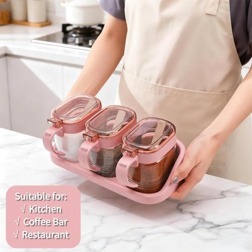 3 PCS Glass Coffee Sugar Container Set, 10oz Pink Spice Jars with Labels, Scoops and Tray, Seasoning Box Salt Containers Condiment Jar Set for Kitchen, Coffee Beans, Sugar, Tea, Candy