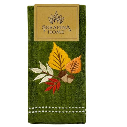 Autumn Fall Bath Fingertip Towels, Forest Olive Dark Green, 100% Cotton, Embroidered Fall Foliage Leaf Design, 2 Piece Set, 12" x 18" - color: Fall Foilage