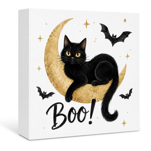 Boo Halloween Wood Box Sign, Moon Black Cat Indoor Decor Sign, Spooky Halloween Farmhouse Home Table Desk Shelf Decorations 5x5 Inch - color: Black Cat
