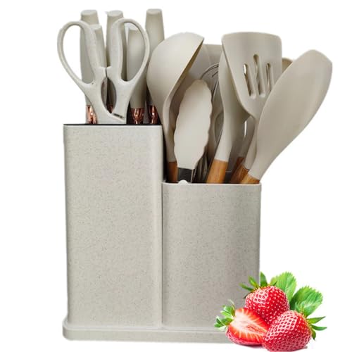 19 Piece Kitchen Utensils and Knife Set with Block, 9 Silicone Cooking Utensils, 5 Sharp Stainless Steel Chef Knife Set with Scissors, Whisk, Tongs and Cutting Board (Khaki)