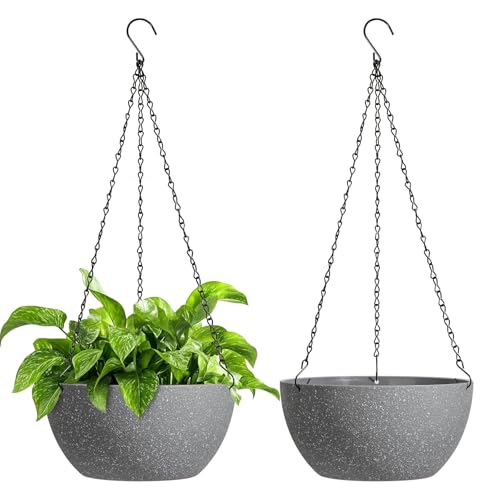 T4U Hanging Planters for Indoor Outdoor Plants, 10 Inch Gray 2 Pack | Self-watering flower pots with drainage and chains for vines, ivy, fern and petunia; indoor, porch, patio or garden decor - color: Gray, size: 10 In