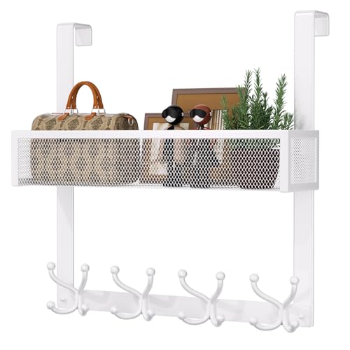 Consumest Over The Door Hooks Organizer - 2 Tier Over Door Hanger with 16 Hooks & 2 Baskets for Hanging Coat, Clothing, Towel, Back Storage for Bathroom, Closet, College Dorm, White - color: White, size: 2 Tier